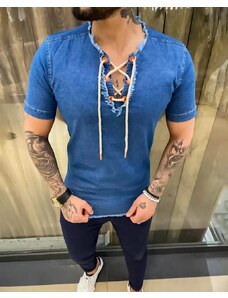 Fashionformen Světle-modrá pánská riflová košile s krátkým rukávem MR Chic