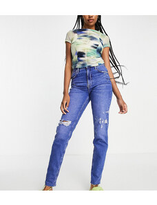 River Island Tall high rise slim mom jean with rips in bright blue