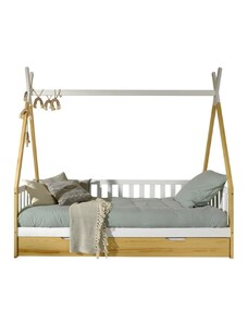 Borovicová postel Vipack Tipi 90 x 200 cm se zábranami a přírodní zásuvkou
