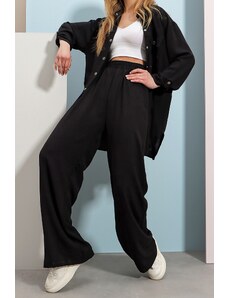 Trend Alaçatı Stili Women's Black Safari Jacket with Two Pockets and Elastic Waist Wide Leg Aerobin Pants Suit