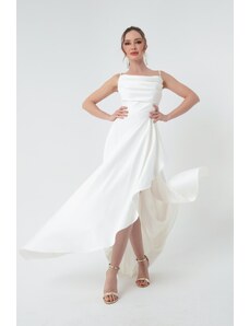 Lafaba Dámské bílé volánkové saténové večerní šaty a maturitní šaty