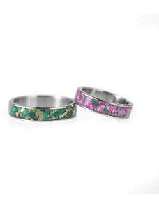 Nordwood Rings Snubní prstýnky TITANIUM - MALACHITE & BRAAS & PINK MARBLE