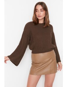 Trendyol Brown Crop španělský pletený svetr s rukávem