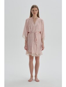 Dagi Dark Pink Patterned Satin, Lace Detailed Dressing Gown