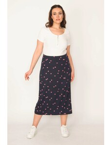Şans Women's Large Size Navy Blue Elastic Waist Patterned Skirt