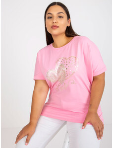 Fashionhunters Růžové bavlněné tričko větší velikosti volného střihu