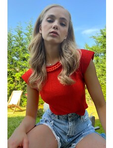 Trend Alaçatı Stili Women's Coral Collar Accessorized Padded Crop Knitted Blouse