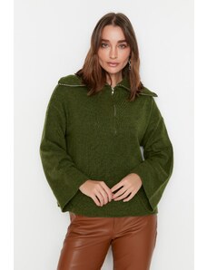 Trendyol Khaki Wide Fit Měkký texturovaný základní pletený svetr