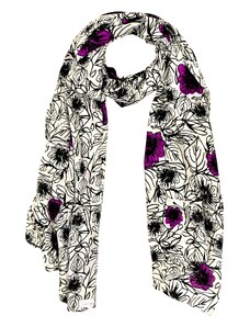 Šátek z viskózy, bílý s fialovo-černým potiskem květin , 70x180 cm