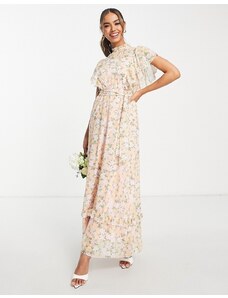 Blume Bridal maxi dress with frill detail in chiffon floral in pink-Multi