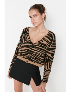 Trendyol Black Crop Pletený svetr s měkkou texturou se zvířecím vzorem
