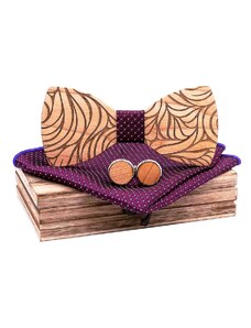 Vzorovaný dřevěný motýlek v sadě s kapesníčkem a manžetovými knoflíčky