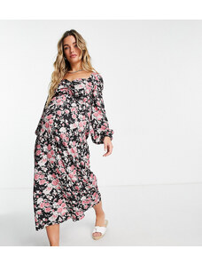 Missguided Maternity midaxi dress with ruched waist in black floral-Multi