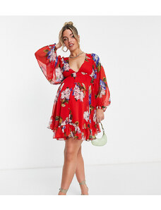 ASOS Maternity ASOS DESIGN Maternity button detail mini dress with blouson sleeve in red floral-Multi