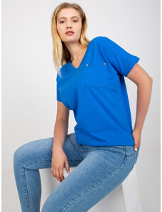 Fashionhunters Tmavě modré dámské tričko velikosti V s výstřihem do V
