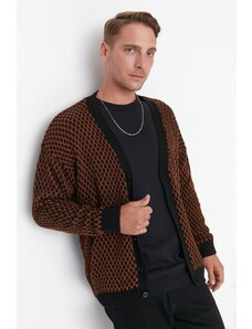 Trendyol Cinnamon Men's Oversize Fit Wide Fit V-neck Checkered Pattern Knitwear Cardigan