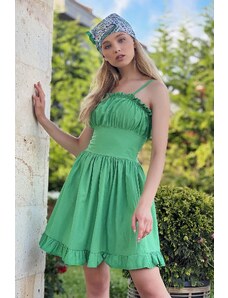 Trend Alaçatı Stili Dámské Zelené Nastavitelný Popruh Volánky Detailní Popelín Tkané šaty