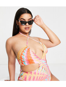 Simmi London Plus Simmi Plus halterneck cut out swimsuit in abstract rainbow-White