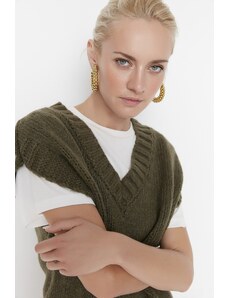 Trendyol Khaki Crop Měkký texturovaný pletený svetr s barevným blokem