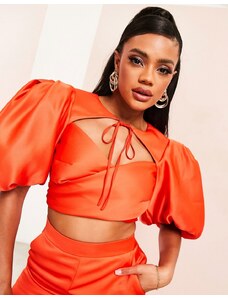 ASOS LUXE co-ord puff sleeve wrap satin top in red