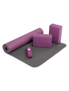 Bodhi Yoga Bodhi jóga set pro začátečníky fialový - podložka 183 cm x 60 cm x 5 mm, popruh na cvičení, 2 bloky