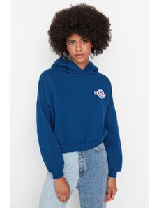 Trendyol Indigo Back Print Detailed Hooded Thick Fleece Knitted Sweatshirt