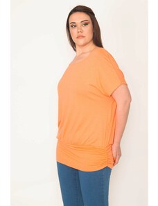 Şans Women's Plus Size Orange Crew Neck Hem Banded Low Sleeve Tunic