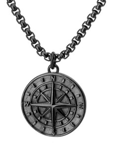 Manoki Ocelový 3 mm náhrdelník s medailonem větrná růžice, černé pozlacení