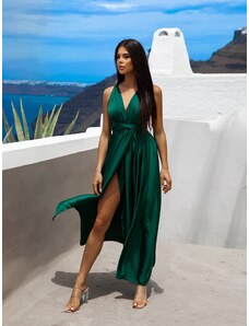 Erikafashion Smaragdové lesklé šaty VALERDI s variabilním vázáním a rozparkem