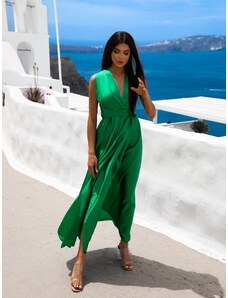 Erikafashion Zelené lesklé šaty VALERDI s variabilním vázáním a rozparkem