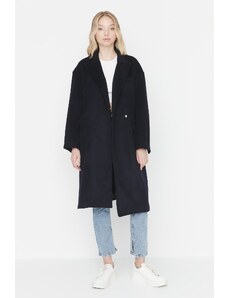 Trendyol Navy Blue široký střih oversized páskový prémiový vlněný kabát