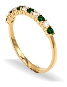 Zlatý prsten zdobený zelenými a bílými zirkony