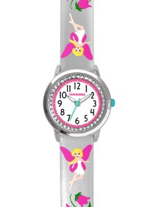 CLOCKODILE Stříbrné třpytivé dívčí dětské hodinky s růžovými vílami FAIRIES CWG5084