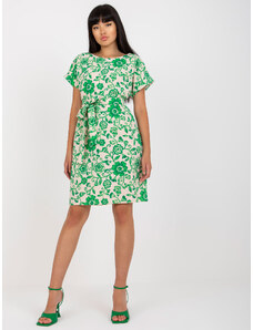 Fashionhunters Béžové a zelené plátěné květinové šaty s kravatou