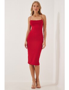 Happiness İstanbul Women's Red Strappy Jersey Knitted Dress