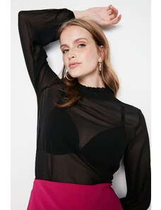 Trendyol Black Woven Ruffle Detail Sheer Blouse