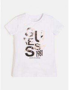 Dívčí tričko s krátkým rukávem GUESS, bílé s růžovými nápisy