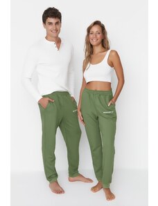 Trendyol Khaki Unisex Běžný / Normální Střih Tištěné Pletené Elastické Nohy Tlusté Bavlněné Tepláky