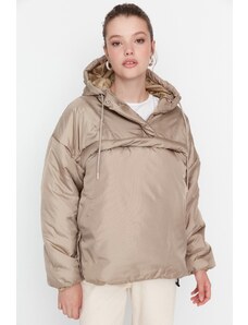 Trendyol béžová oversize klokaní péřová bunda s kapucí