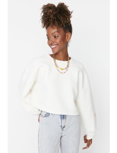 Trendyol White Thick Fleece Comfort Fit Crop Sleeve Printed Knitted Sweatshirt