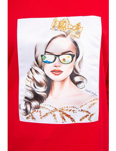 K-Fashion Halenka s grafikou dívky v 3D brýlích červená