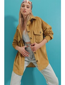 Trend Alaçatı Stili Women's Camel Velvet Cotton Double Pocket Oversize Jacket Shirt