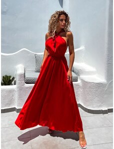 Erikafashion Červené lesklé šaty VALERDI s variabilním vázáním a rozparkem