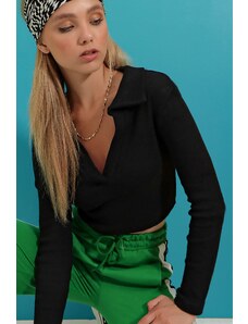 Trend Alaçatı Stili Women's Black Polo Neck Corduroy Soft Textured Crop Top