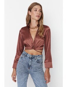 Trendyol Brown Crop Tie Detail Satin Woven Blouse