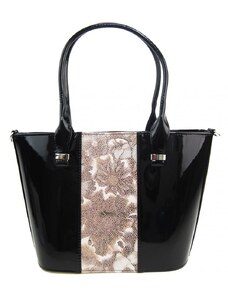 Barebag Luxusní dámská kabelka černý lak s hnědými kvítky S504 GROSSO