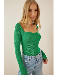 Happiness İstanbul Women's Medium Green Heart Neck Ribbed Knitwear Sweater