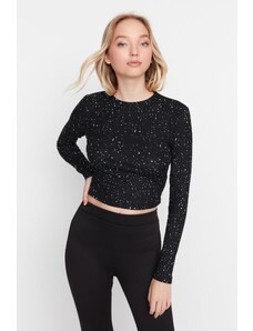 Trendyol Black Patterned Fitted Crew Neck Crop Stretch Knitted Blouse