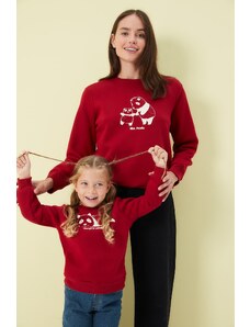 Trendyol Red Panda Printed Crew Neck Girls Kids Knitted Family Combine Sweatshirt