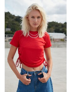 Trendyol Red 100% Cotton Basic Crew Neck Knitted T-Shirt with Gather Detail